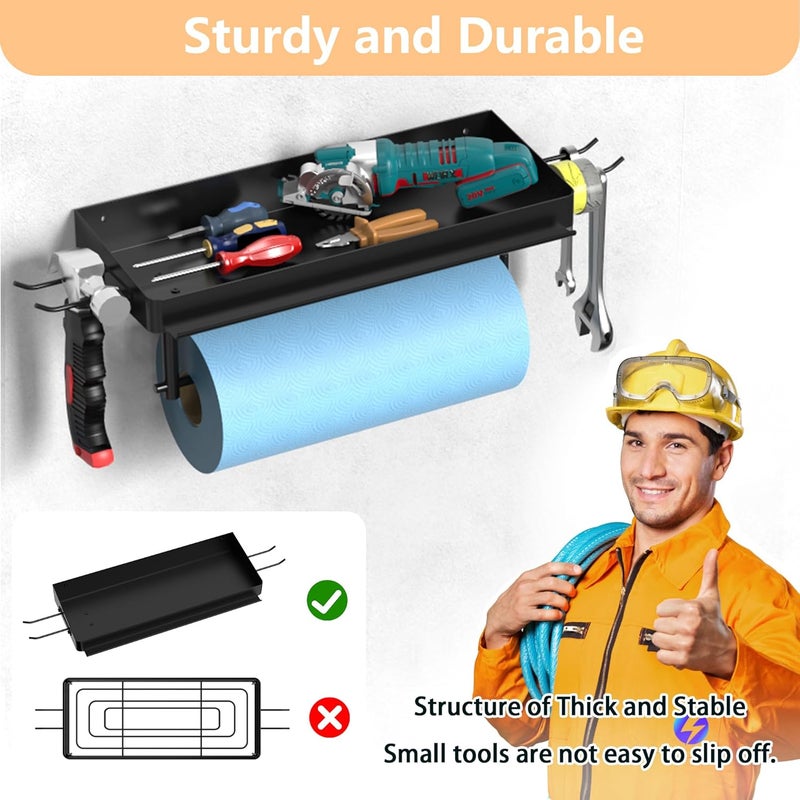 SUNTECH Garage Paper Towel Holder with Shelf, One Hand Tear, 12 inch Shop Paper Towel Holder, Paper Towel Holder Wall Mount with 2 Detachable Hooks for Garage and Tool Room (Black) - Image 5